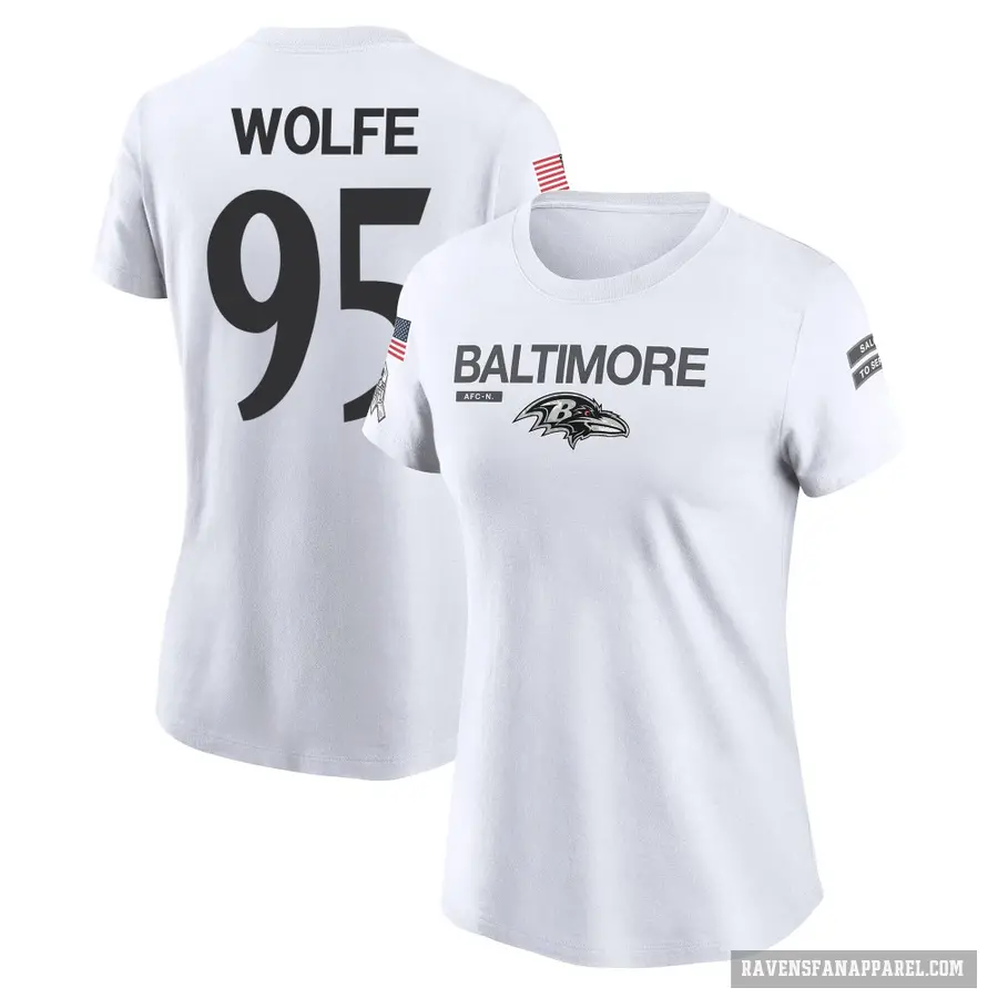 Women's ＃95 Derek Wolfe Baltimore Ravens White 2024 Salute to Service Performance T-Shirt