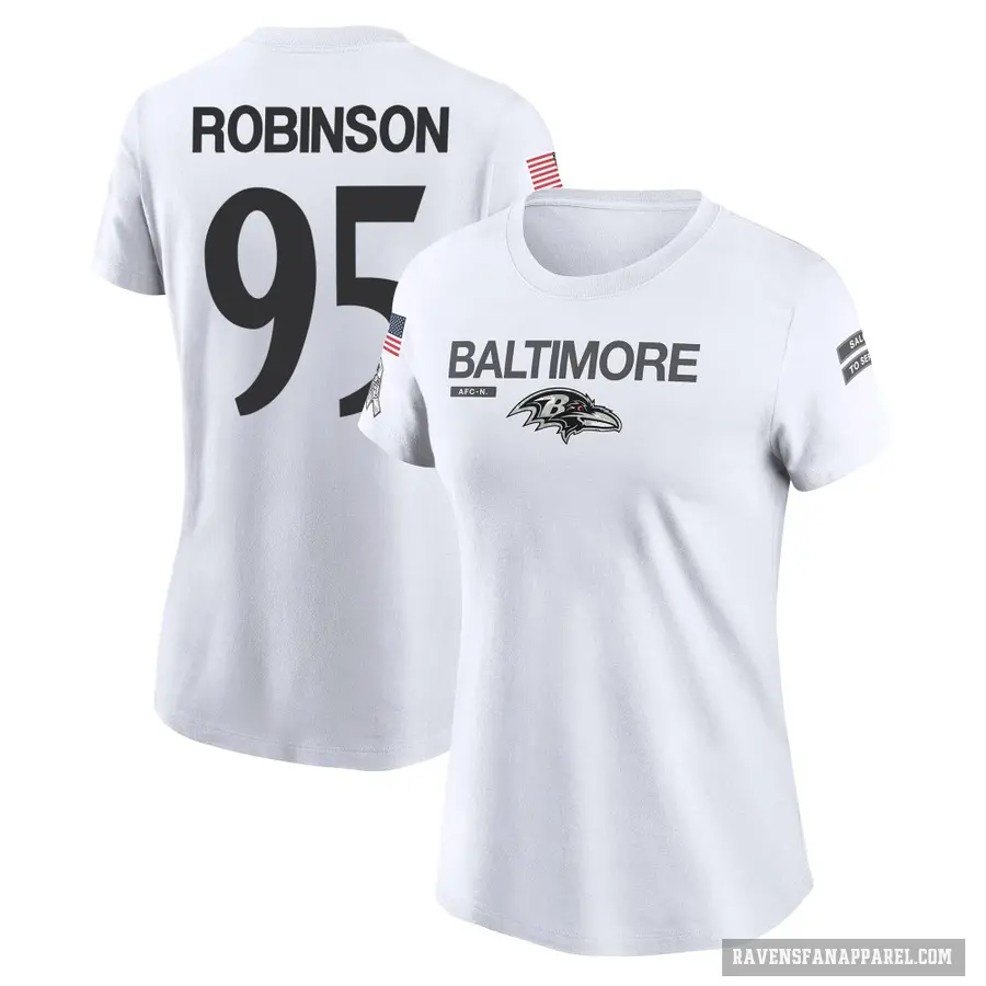 Women's ＃95 Tavius Robinson Baltimore Ravens White 2024 Salute to Service Performance T-Shirt