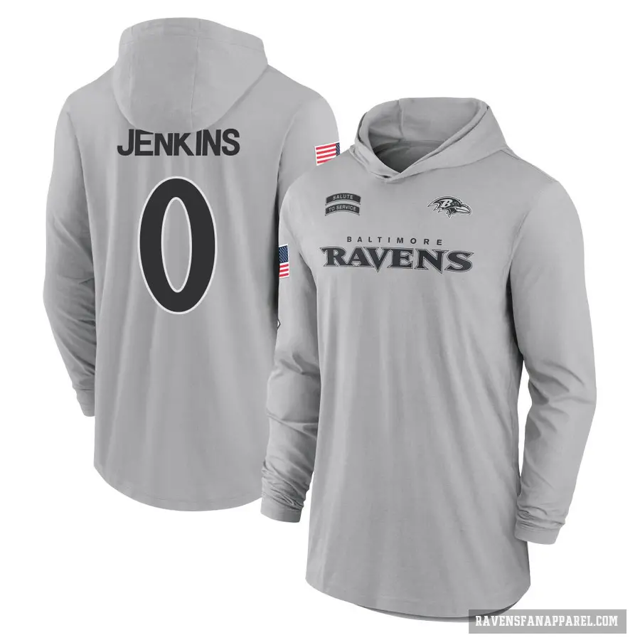 Youth ＃0 John Jenkins Baltimore Ravens Gray 2024 Salute to Service Lightweight Performance Long Sleeve Hooded T-Shirt