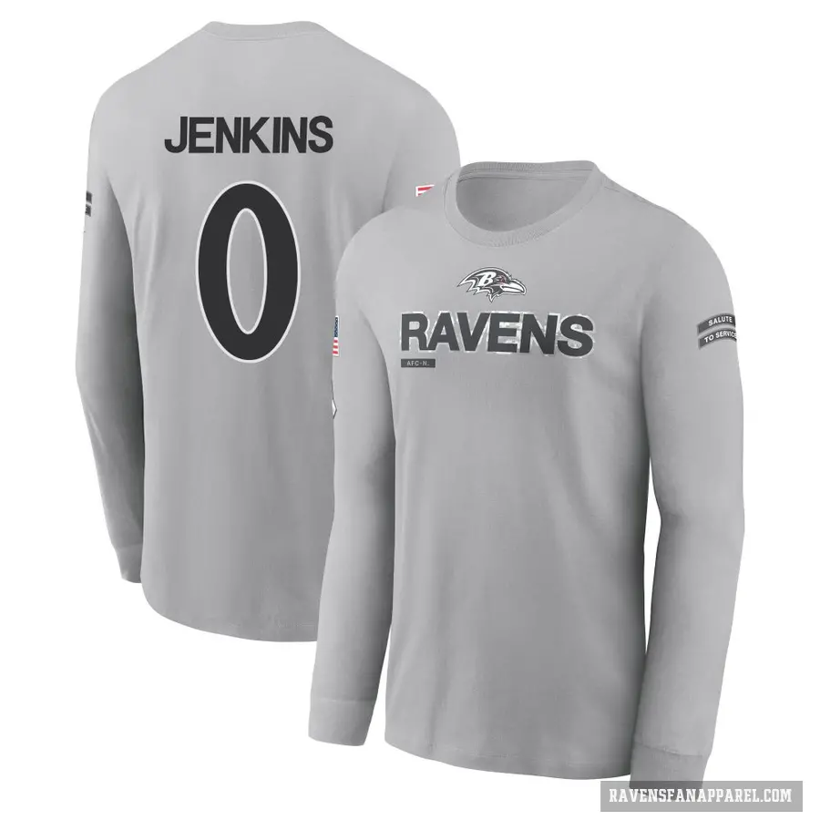Youth ＃0 John Jenkins Baltimore Ravens Gray 2024 Salute to Service Long Sleeve T-Shirt