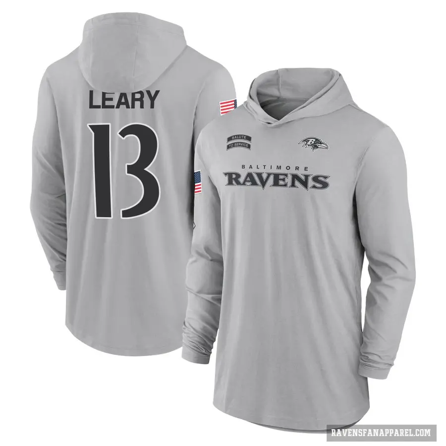 Youth ＃13 Devin Leary Baltimore Ravens Gray 2024 Salute to Service Lightweight Performance Long Sleeve Hooded T-Shirt