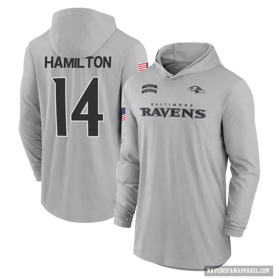 Youth ＃14 Kyle Hamilton Baltimore Ravens Gray 2024 Salute to Service Lightweight Performance Long Sleeve Hooded T-Shirt