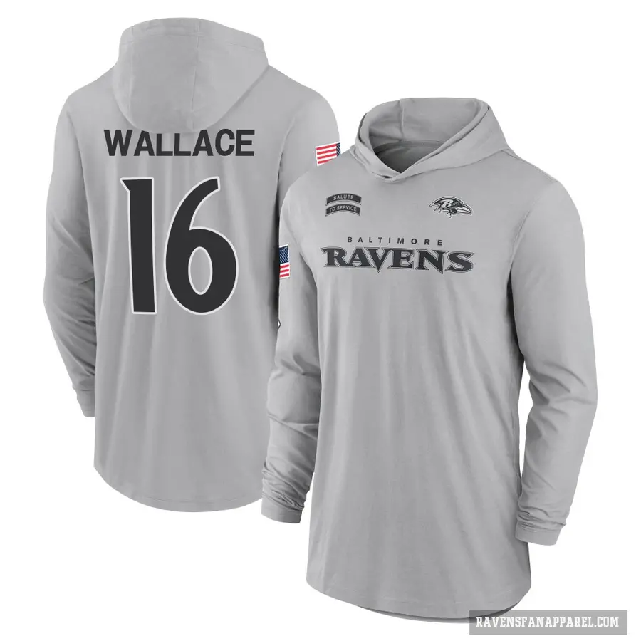 Youth ＃16 Tylan Wallace Baltimore Ravens Gray 2024 Salute to Service Lightweight Performance Long Sleeve Hooded T-Shirt