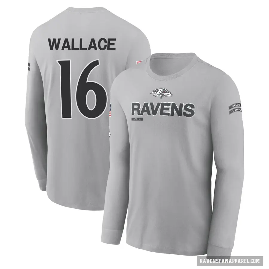 Youth ＃16 Tylan Wallace Baltimore Ravens Gray 2024 Salute to Service Long Sleeve T-Shirt