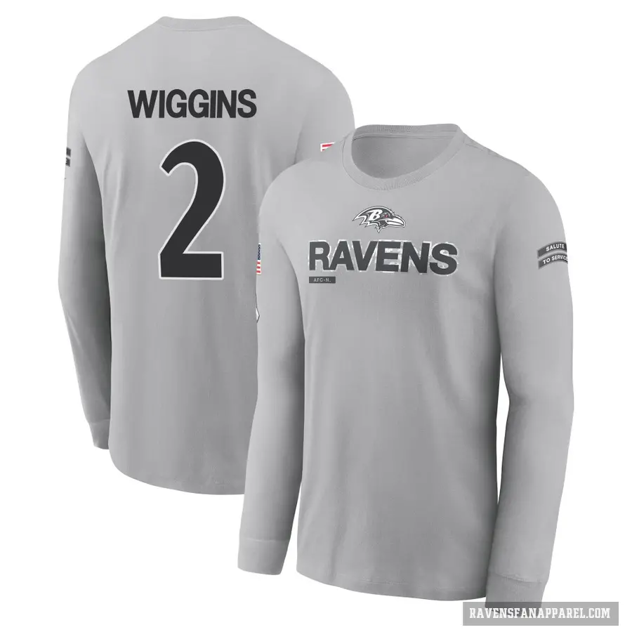Youth ＃2 Nate Wiggins Baltimore Ravens Gray 2024 Salute to Service Long Sleeve T-Shirt