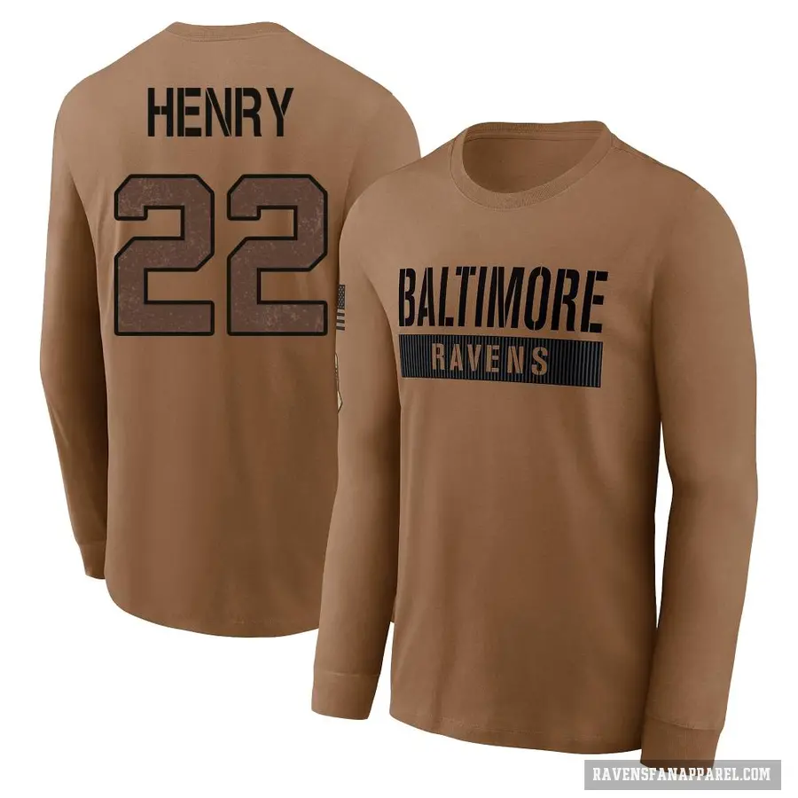 Youth ＃22 Derrick Henry Baltimore Ravens Brown / 2023 Salute To Service Long Sleeve T-Shirt