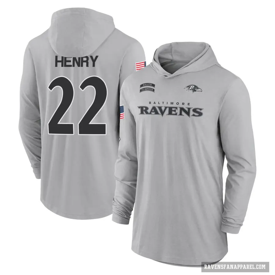 Youth ＃22 Derrick Henry Baltimore Ravens Gray 2024 Salute to Service Lightweight Performance Long Sleeve Hooded T-Shirt