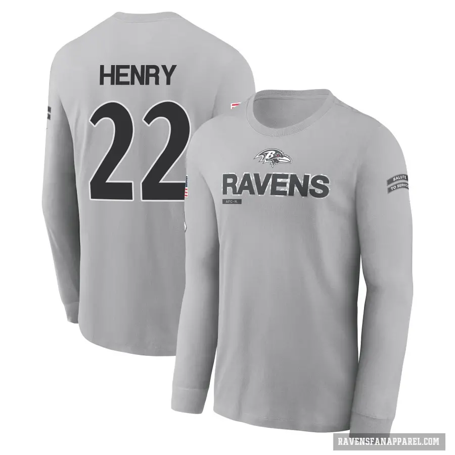 Youth ＃22 Derrick Henry Baltimore Ravens Gray 2024 Salute to Service Long Sleeve T-Shirt