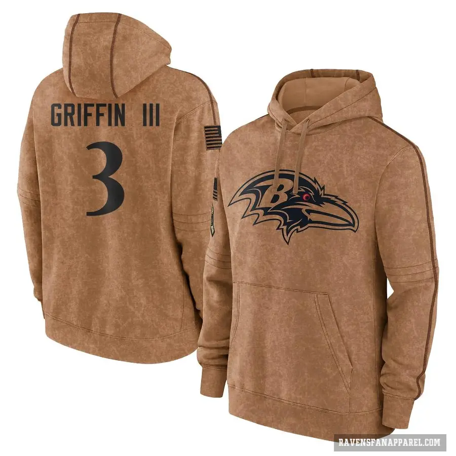 Youth ＃3 Robert Griffin III Baltimore Ravens Brown 2023 Salute To Service Club Pullover Hoodie