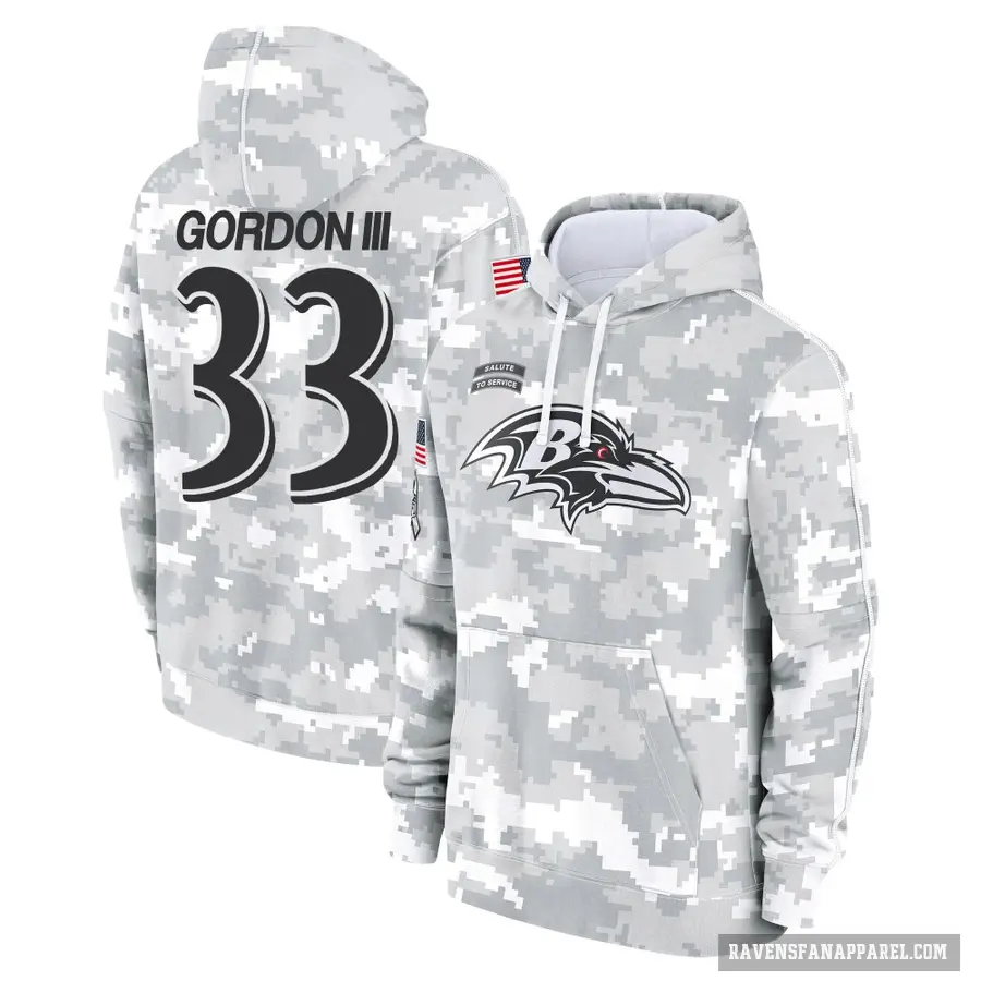Youth ＃33 Melvin Gordon III Baltimore Ravens Arctic Camo 2024 Salute to Service Club Fleece Pullover Hoodie