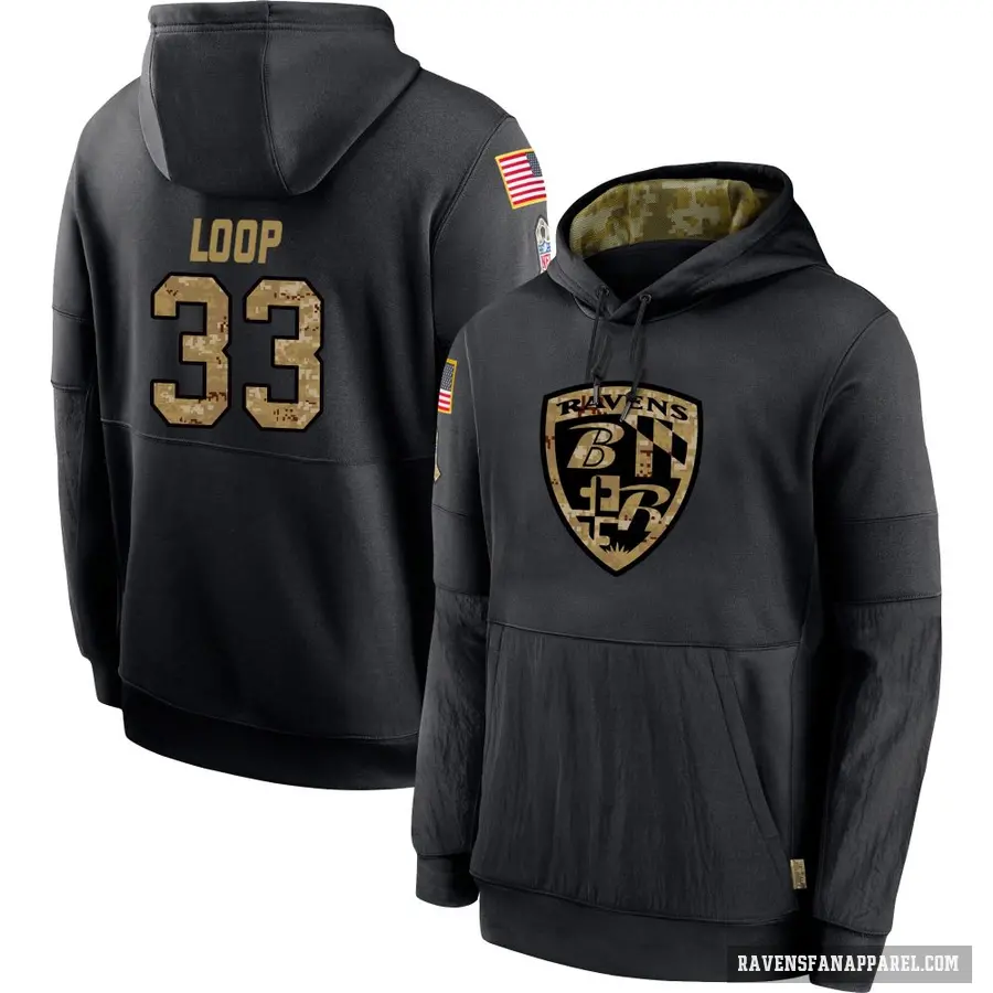 Youth ＃33 Tyler Loop Baltimore Ravens Black 2020 Salute to Service Sideline Performance Pullover Hoodie