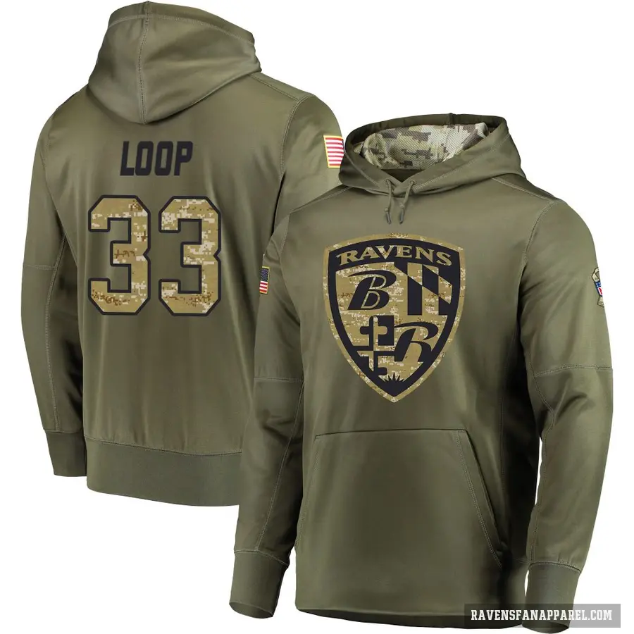 Youth ＃33 Tyler Loop Baltimore Ravens Olive Salute to Service Pullover Hoodie