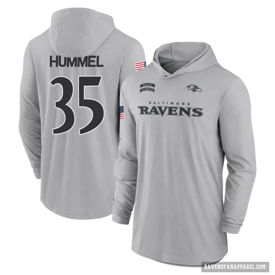 Youth ＃35 Jacob Hummel Baltimore Ravens Gray 2024 Salute to Service Lightweight Performance Long Sleeve Hooded T-Shirt