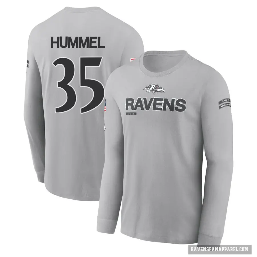 Youth ＃35 Jacob Hummel Baltimore Ravens Gray 2024 Salute to Service Long Sleeve T-Shirt