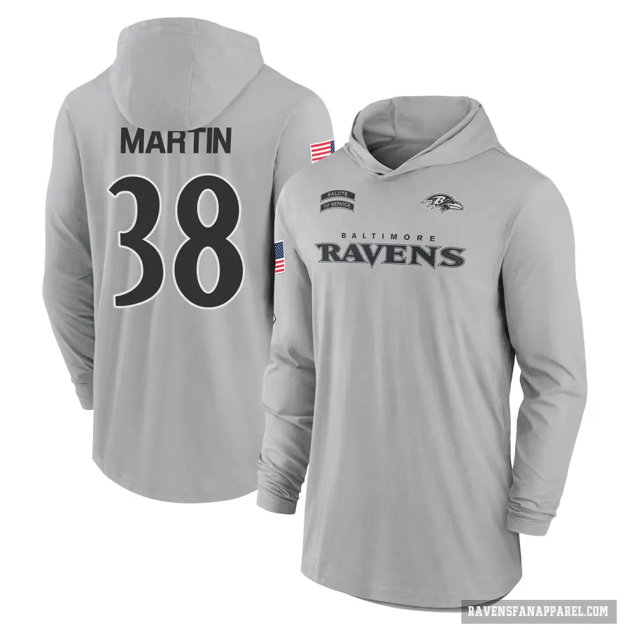 Youth ＃38 Keyon Martin Baltimore Ravens Gray 2024 Salute to Service Lightweight Performance Long Sleeve Hooded T-Shirt