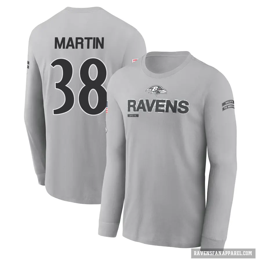 Youth ＃38 Keyon Martin Baltimore Ravens Gray 2024 Salute to Service Long Sleeve T-Shirt