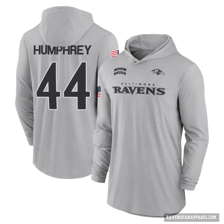 Youth ＃44 Marlon Humphrey Baltimore Ravens Gray 2024 Salute to Service Lightweight Performance Long Sleeve Hooded T-Shirt
