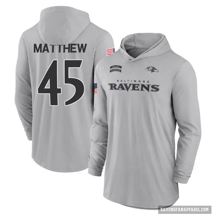 Youth ＃45 Christian Matthew Baltimore Ravens Gray 2024 Salute to Service Lightweight Performance Long Sleeve Hooded T-Shirt