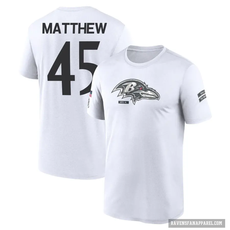 Youth ＃45 Christian Matthew Baltimore Ravens White 2024 Salute to Service Performance T-Shirt