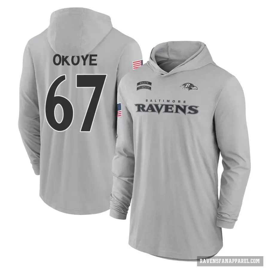 Youth ＃67 CJ Okoye Baltimore Ravens Gray 2024 Salute to Service Lightweight Performance Long Sleeve Hooded T-Shirt