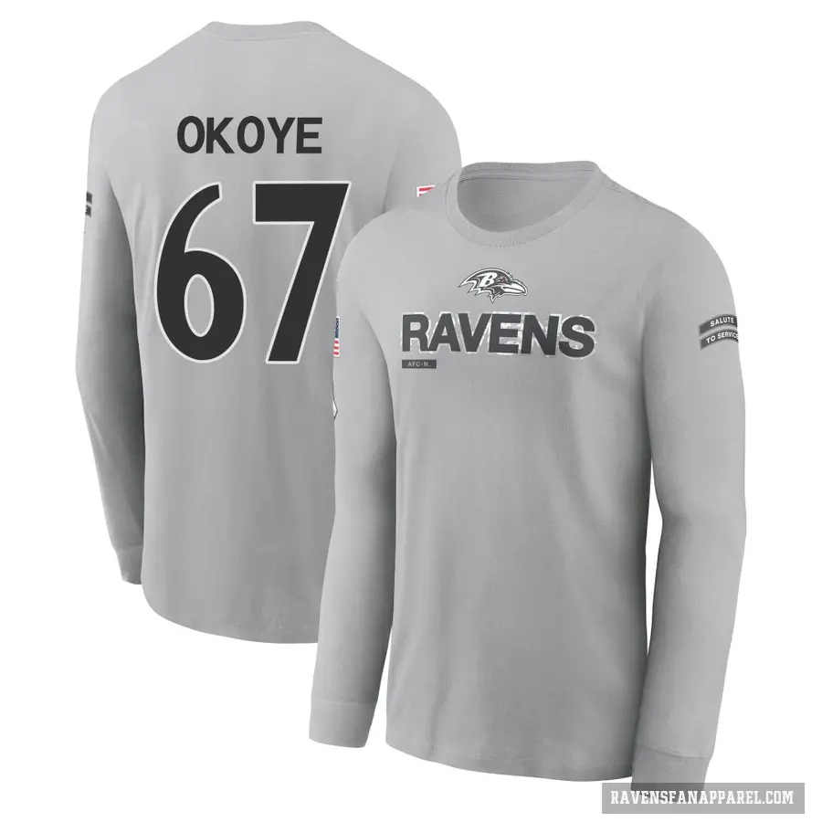 Youth ＃67 CJ Okoye Baltimore Ravens Gray 2024 Salute to Service Long Sleeve T-Shirt