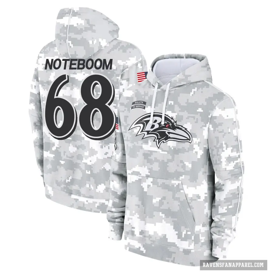 Youth ＃68 Joe Noteboom Baltimore Ravens Arctic Camo 2024 Salute to Service Club Fleece Pullover Hoodie