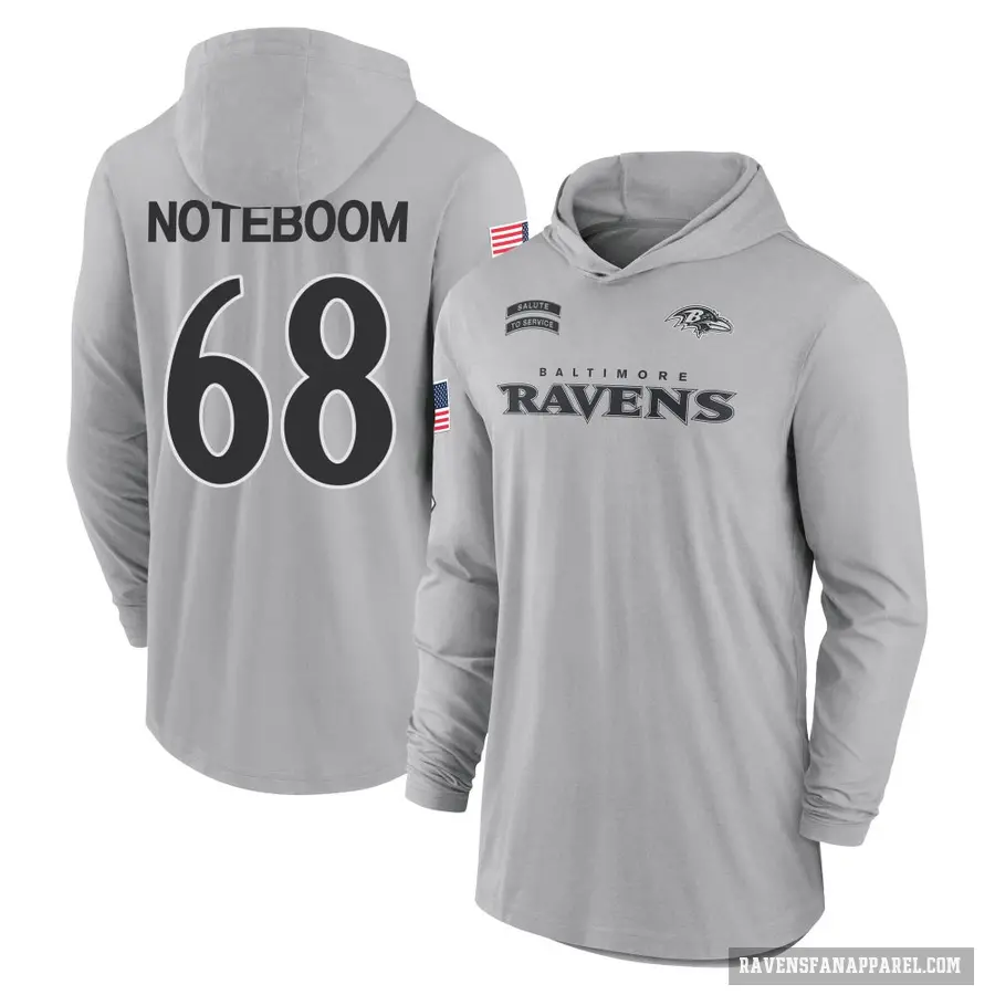 Youth ＃68 Joe Noteboom Baltimore Ravens Gray 2024 Salute to Service Lightweight Performance Long Sleeve Hooded T-Shirt