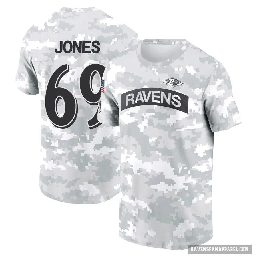 Youth ＃69 Jayson Jones Baltimore Ravens Camo Arctic 2024 Salute to Service Performance T-Shirt