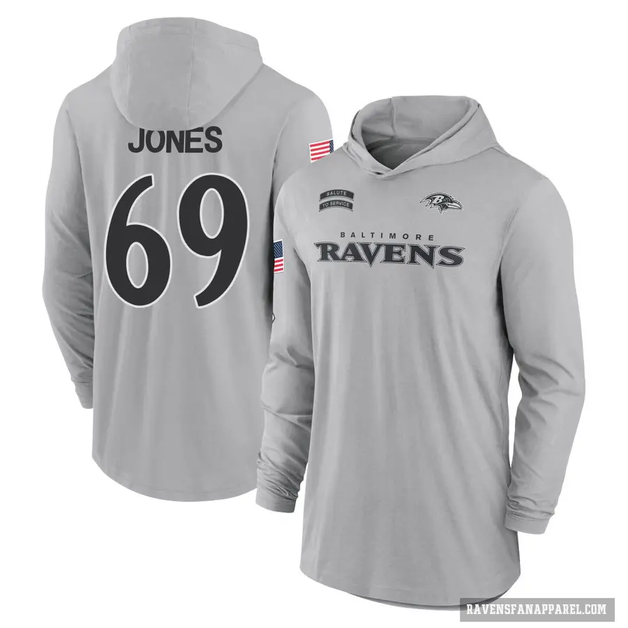 Youth ＃69 Jayson Jones Baltimore Ravens Gray 2024 Salute to Service Lightweight Performance Long Sleeve Hooded T-Shirt