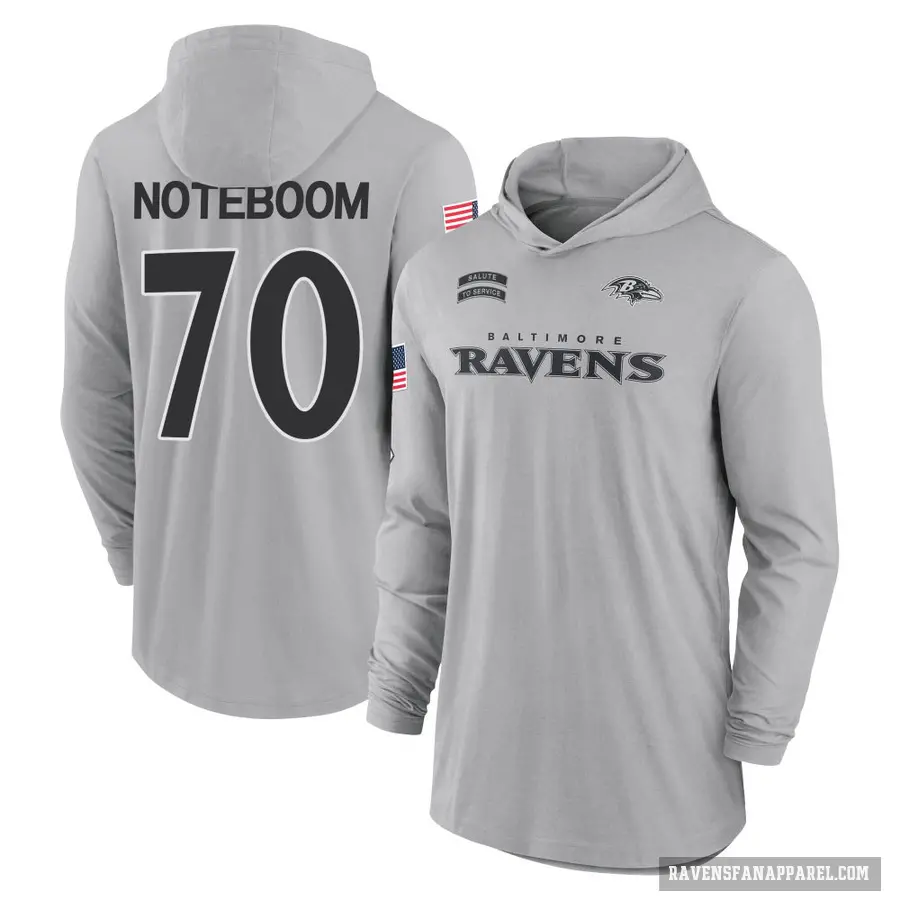 Youth ＃70 Joe Noteboom Baltimore Ravens Gray 2024 Salute to Service Lightweight Performance Long Sleeve Hooded T-Shirt