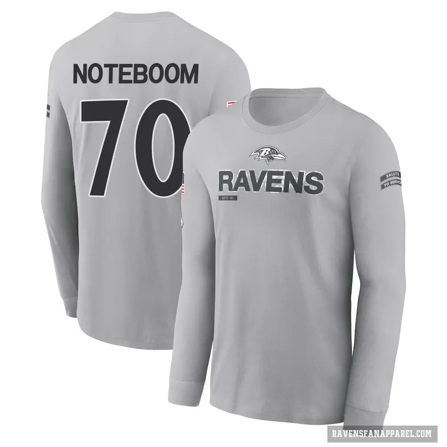 Youth ＃70 Joe Noteboom Baltimore Ravens Gray 2024 Salute to Service Long Sleeve T-Shirt
