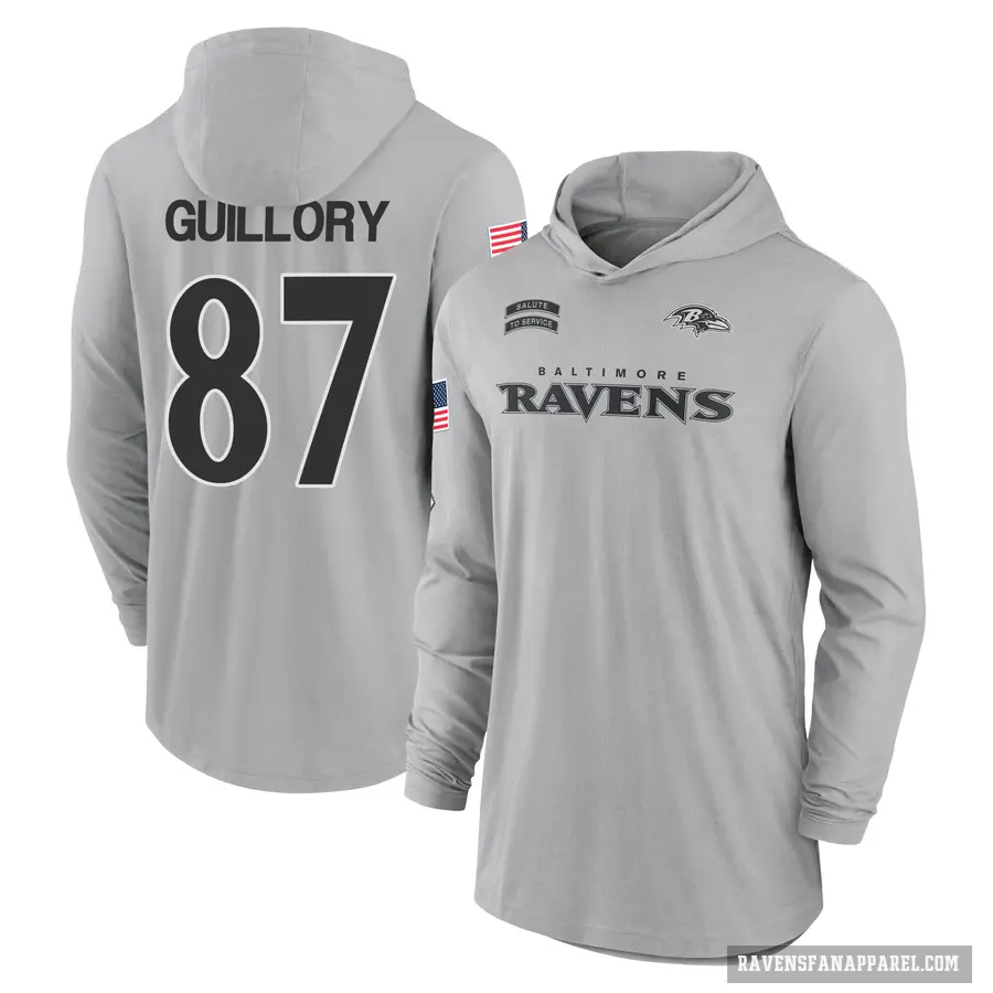 Youth ＃87 Xavier Guillory Baltimore Ravens Gray 2024 Salute to Service Lightweight Performance Long Sleeve Hooded T-Shirt
