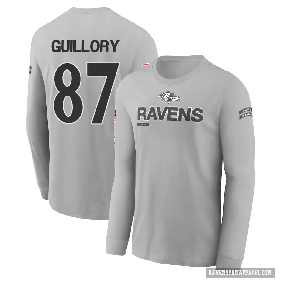 Youth ＃87 Xavier Guillory Baltimore Ravens Gray 2024 Salute to Service Long Sleeve T-Shirt