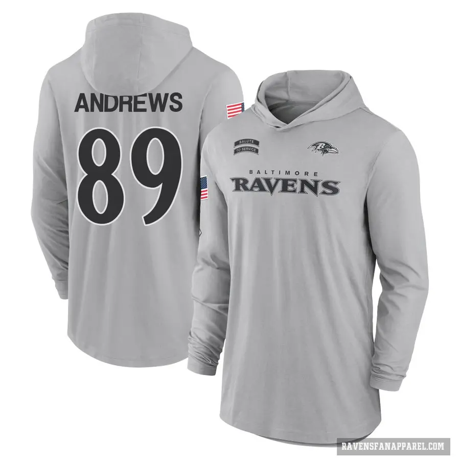 Youth ＃89 Mark Andrews Baltimore Ravens Gray 2024 Salute to Service Lightweight Performance Long Sleeve Hooded T-Shirt
