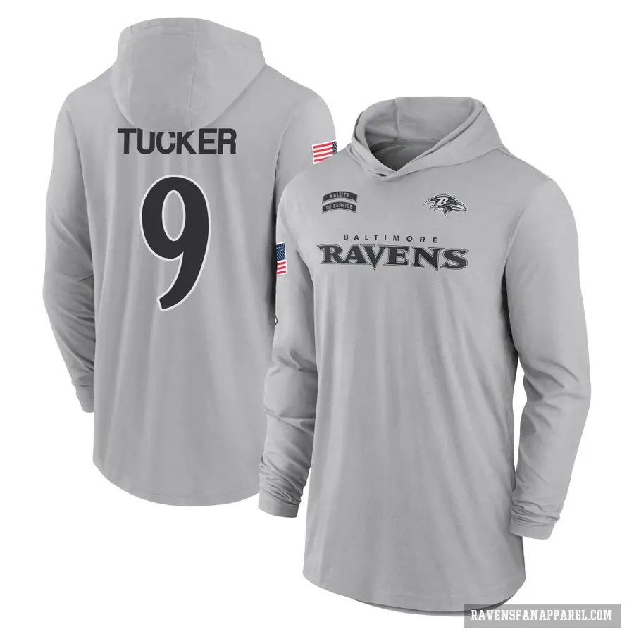 Youth ＃9 Justin Tucker Baltimore Ravens Gray 2024 Salute to Service Lightweight Performance Long Sleeve Hooded T-Shirt