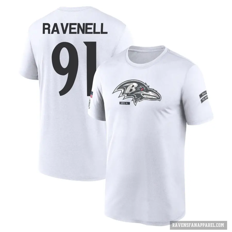Youth ＃91 C.J. Ravenell Baltimore Ravens White 2024 Salute to Service Performance T-Shirt