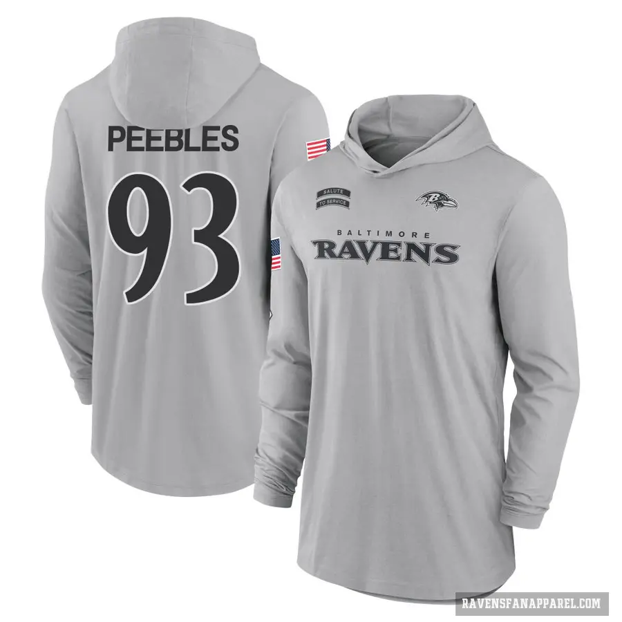 Youth ＃93 Aeneas Peebles Baltimore Ravens Gray 2024 Salute to Service Lightweight Performance Long Sleeve Hooded T-Shirt