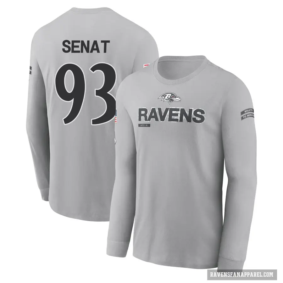Youth ＃93 Deadrin Senat Baltimore Ravens Gray 2024 Salute to Service Long Sleeve T-Shirt