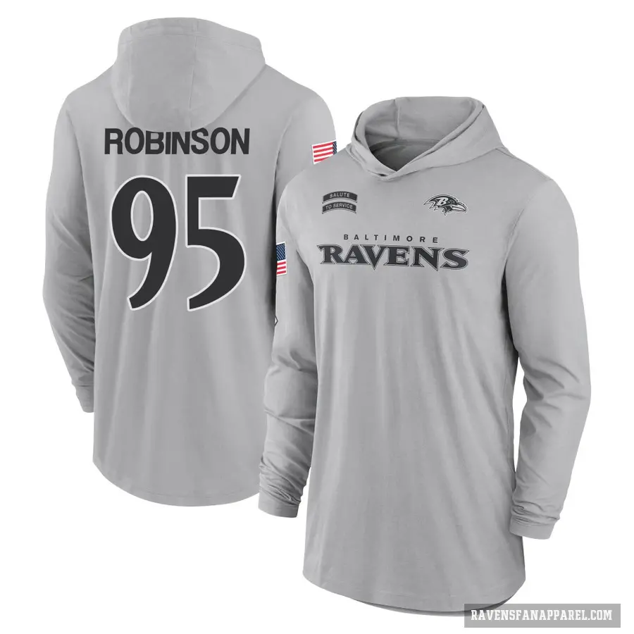 Youth ＃95 Tavius Robinson Baltimore Ravens Gray 2024 Salute to Service Lightweight Performance Long Sleeve Hooded T-Shirt